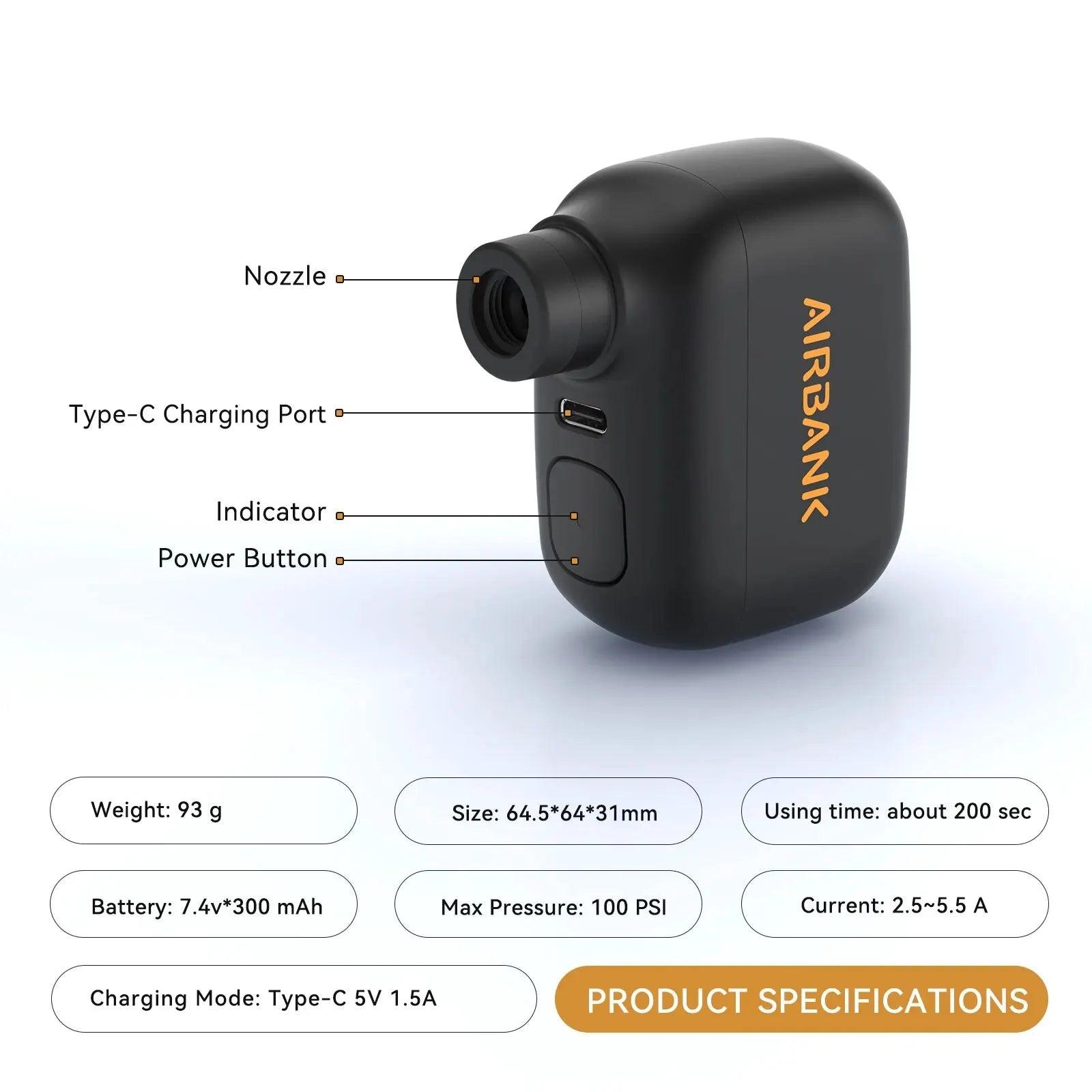 Mini Rechargeable 100PSI Bike Pump - Type-C, Schrader & Presta Compatible