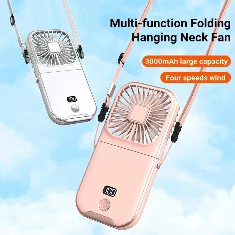 Foldable Handheld Neck Fan - 3000mAh Battery with Phone Holder